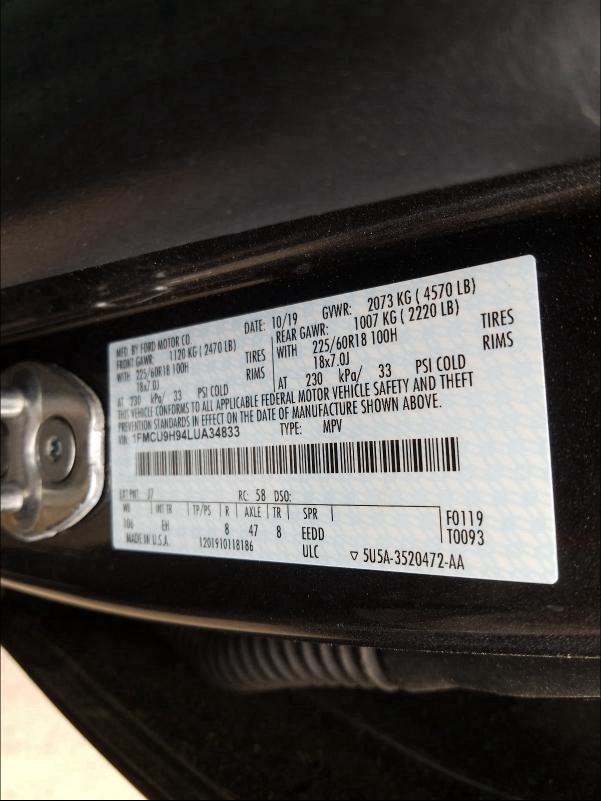 Photo 9 VIN: 1FMCU9H94LUA34833 - FORD ESCAPE SEL 