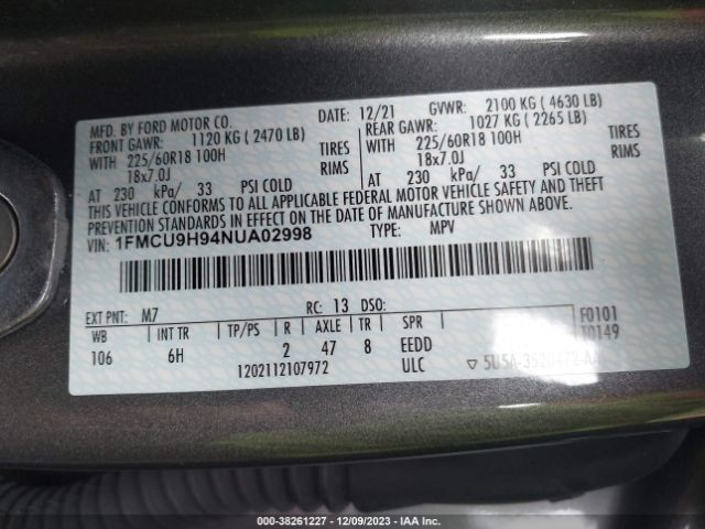 Photo 8 VIN: 1FMCU9H94NUA02998 - FORD ESCAPE 