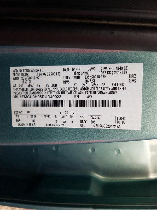 Photo 9 VIN: 1FMCU9H95DUD40022 - FORD ESCAPE SEL 