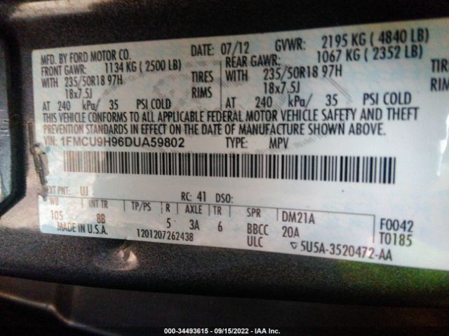 Photo 8 VIN: 1FMCU9H96DUA59802 - FORD ESCAPE 