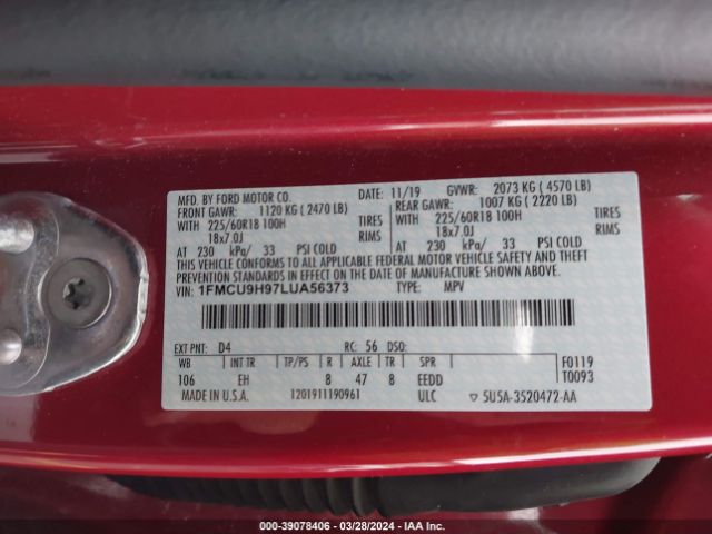 Photo 8 VIN: 1FMCU9H97LUA56373 - FORD ESCAPE 