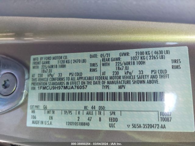 Photo 8 VIN: 1FMCU9H97MUA76057 - FORD ESCAPE 