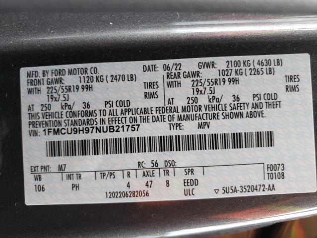 Photo 12 VIN: 1FMCU9H97NUB21757 - FORD ESCAPE SEL 