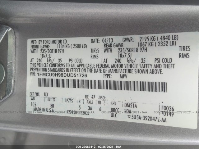 Photo 8 VIN: 1FMCU9H98DUD51726 - FORD ESCAPE 