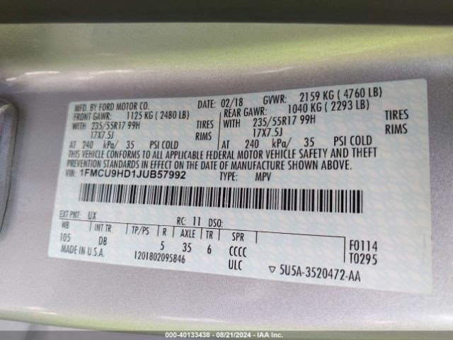 Photo 8 VIN: 1FMCU9HD1JUB57992 - FORD ESCAPE 