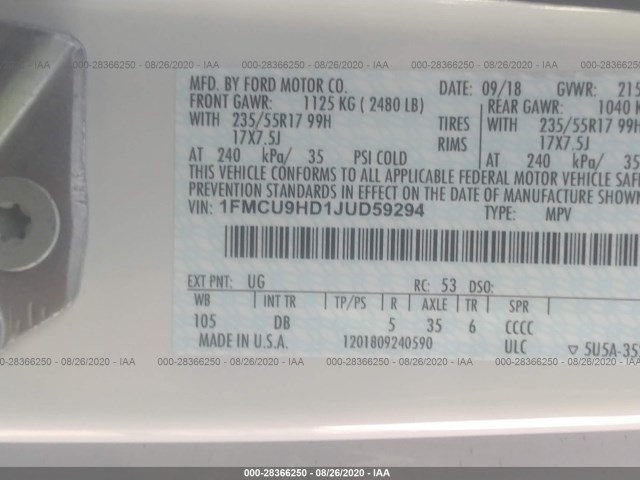 Photo 8 VIN: 1FMCU9HD1JUD59294 - FORD ESCAPE 