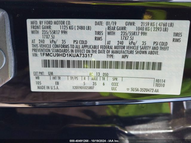 Photo 8 VIN: 1FMCU9HD1KUA73317 - FORD ESCAPE 