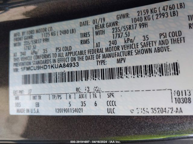 Photo 8 VIN: 1FMCU9HD1KUA84933 - FORD ESCAPE 