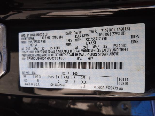 Photo 9 VIN: 1FMCU9HD1KUC33180 - FORD ESCAPE SEL 