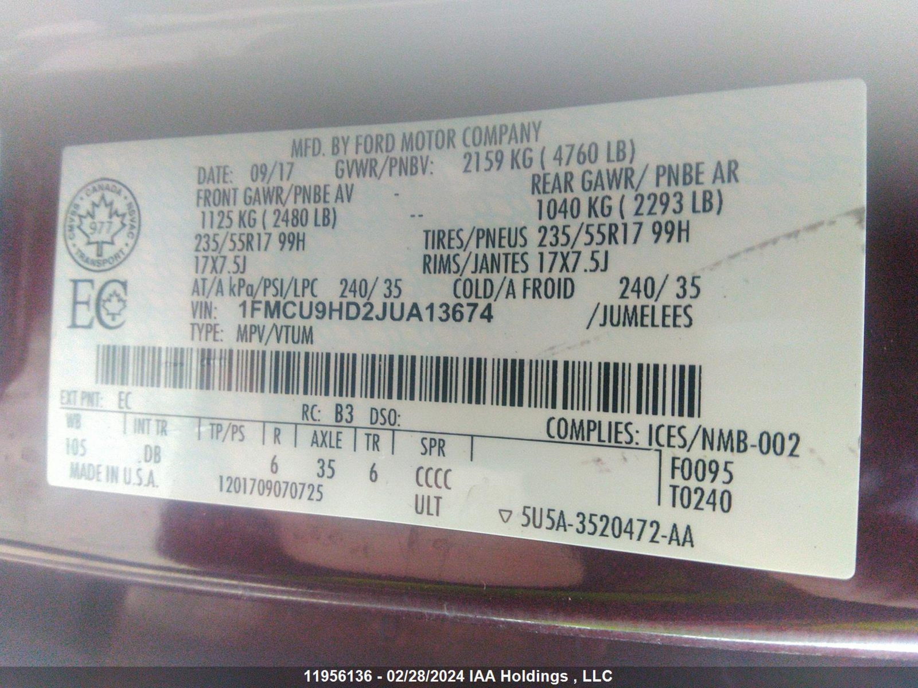 Photo 8 VIN: 1FMCU9HD2JUA13674 - FORD ESCAPE 