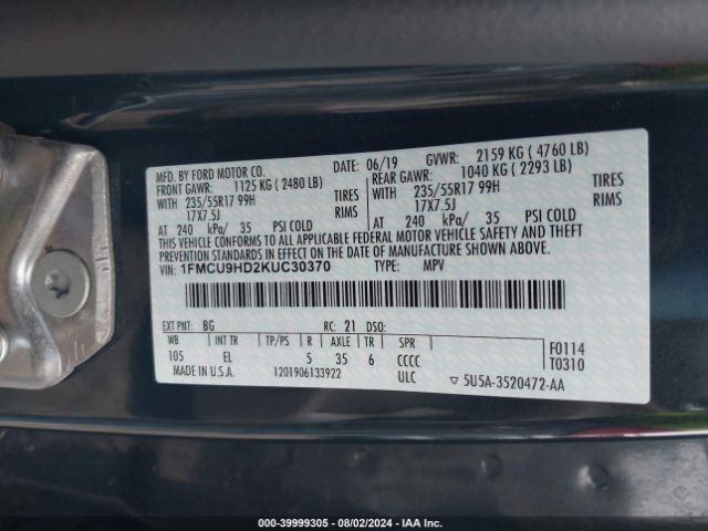 Photo 8 VIN: 1FMCU9HD2KUC30370 - FORD ESCAPE 