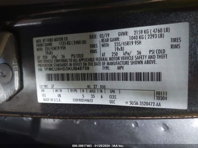 Photo 8 VIN: 1FMCU9HD3KUB48759 - FORD ESCAPE 