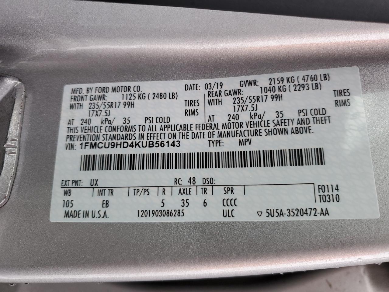 Photo 13 VIN: 1FMCU9HD4KUB56143 - FORD ESCAPE 