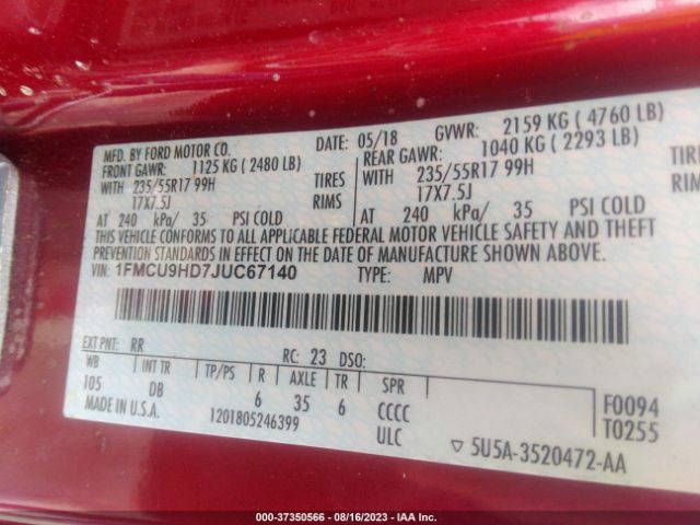 Photo 8 VIN: 1FMCU9HD7JUC67140 - FORD ESCAPE 