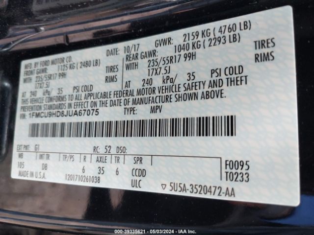 Photo 8 VIN: 1FMCU9HD8JUA67075 - FORD ESCAPE 