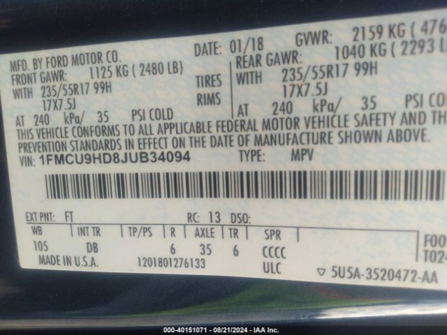 Photo 8 VIN: 1FMCU9HD8JUB34094 - FORD ESCAPE SEL 