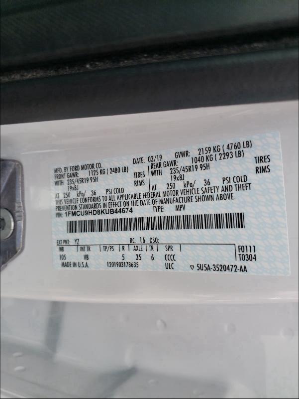 Photo 9 VIN: 1FMCU9HD8KUB44674 - FORD ESCAPE SEL 