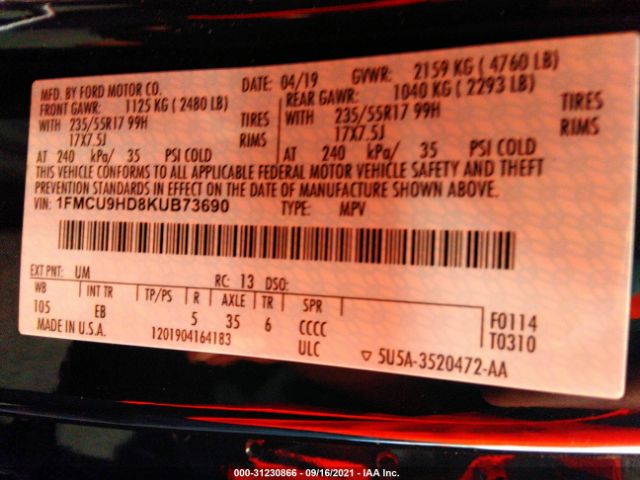 Photo 8 VIN: 1FMCU9HD8KUB73690 - FORD ESCAPE 