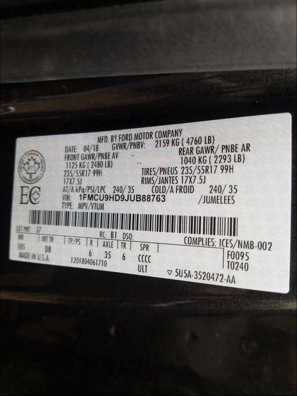 Photo 9 VIN: 1FMCU9HD9JUB88763 - FORD ESCAPE SEL 