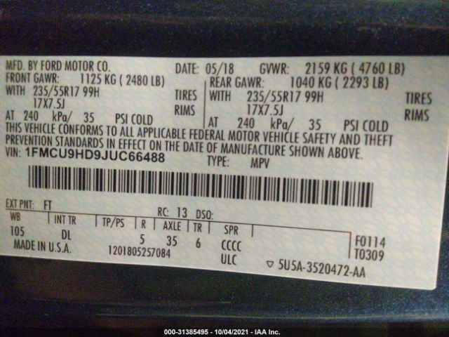 Photo 8 VIN: 1FMCU9HD9JUC66488 - FORD ESCAPE 