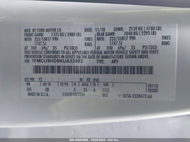 Photo 8 VIN: 1FMCU9HD9KUA32983 - FORD ESCAPE 