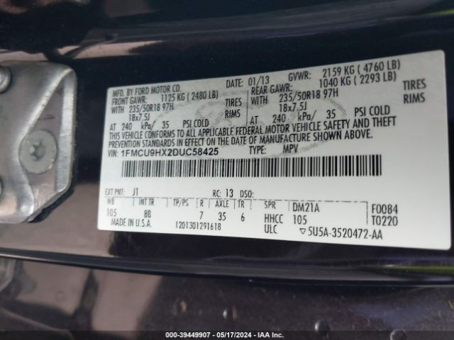 Photo 8 VIN: 1FMCU9HX2DUC58425 - FORD ESCAPE 