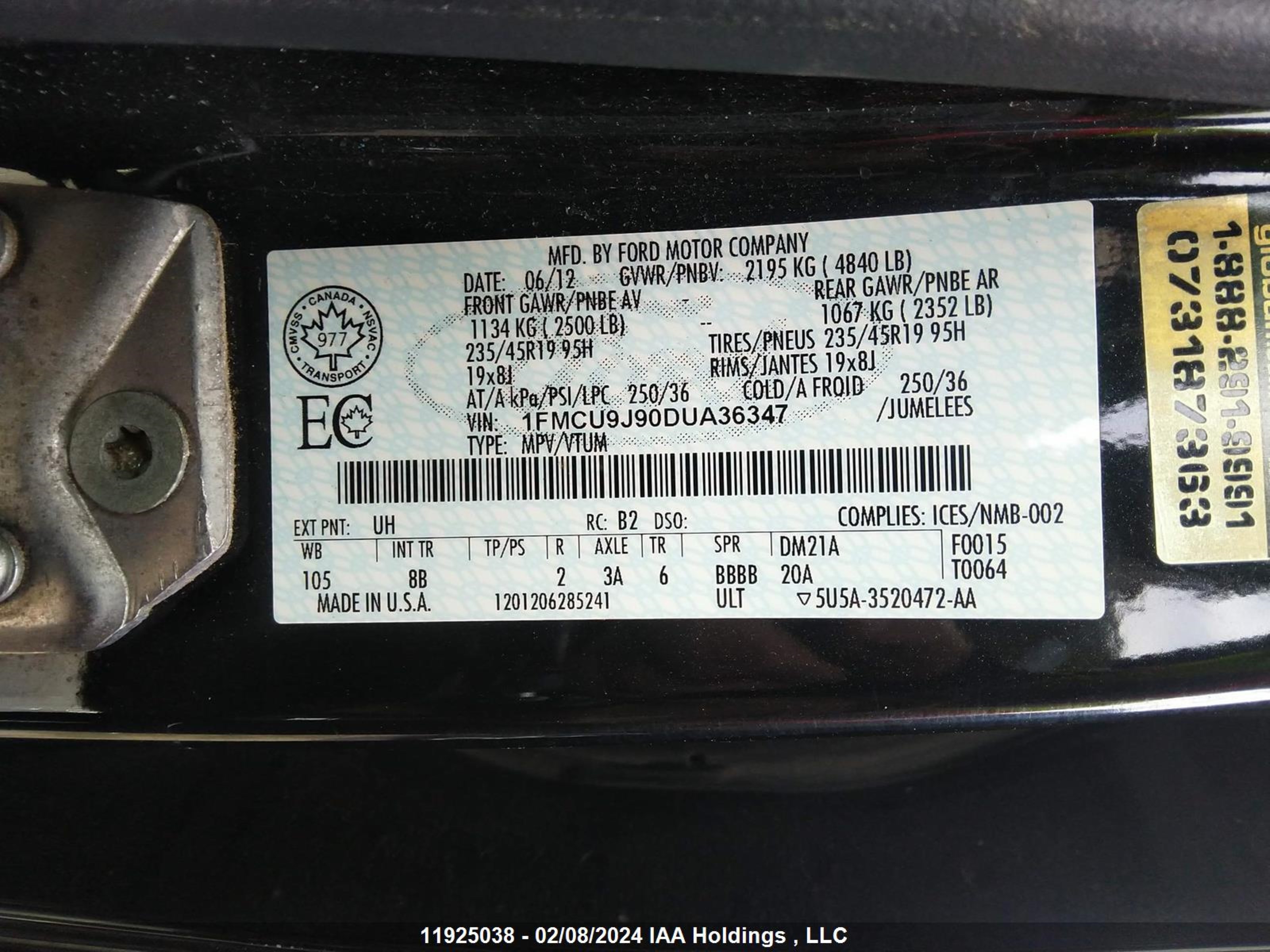 Photo 8 VIN: 1FMCU9J90DUA36347 - FORD ESCAPE 