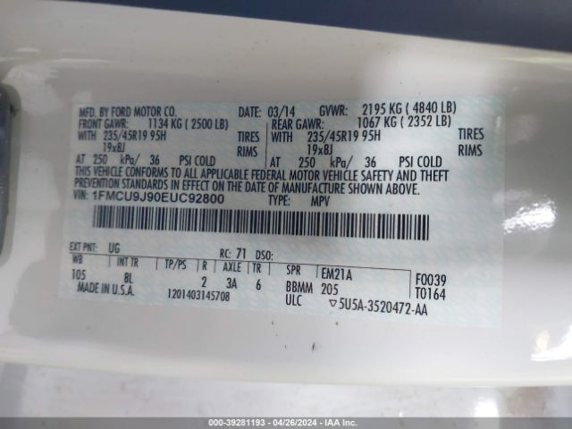 Photo 8 VIN: 1FMCU9J90EUC92800 - FORD ESCAPE 