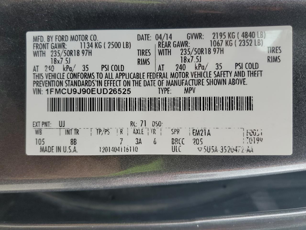 Photo 12 VIN: 1FMCU9J90EUD26525 - FORD ESCAPE 