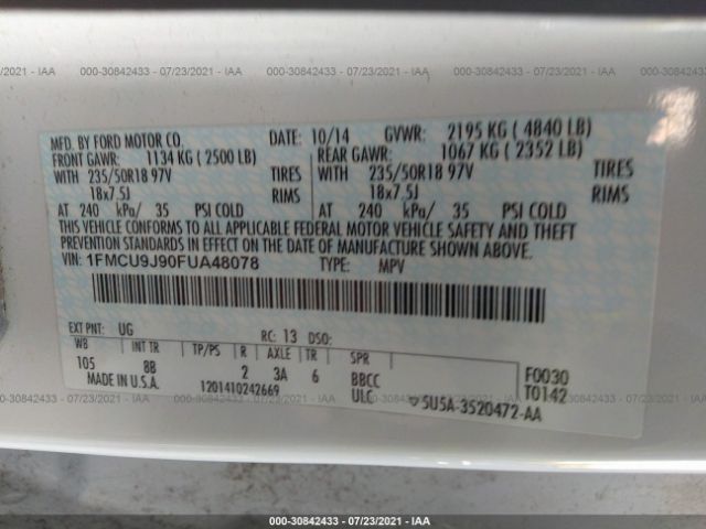 Photo 8 VIN: 1FMCU9J90FUA48078 - FORD ESCAPE 