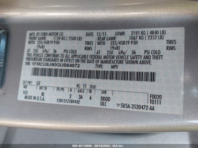 Photo 8 VIN: 1FMCU9J90GUB84972 - FORD ESCAPE 