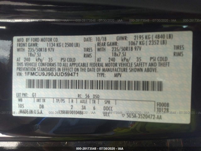 Photo 8 VIN: 1FMCU9J90JUD59471 - FORD ESCAPE 