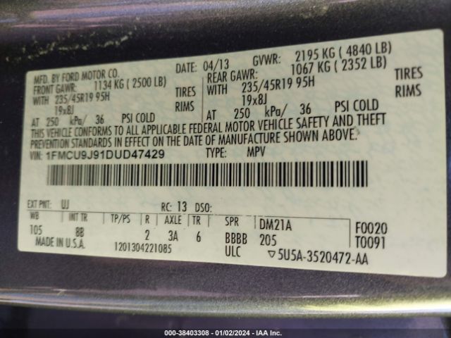 Photo 8 VIN: 1FMCU9J91DUD47429 - FORD ESCAPE 