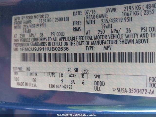 Photo 8 VIN: 1FMCU9J91HUB02636 - FORD ESCAPE 