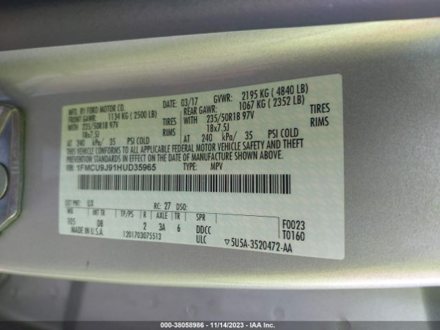 Photo 8 VIN: 1FMCU9J91HUD35965 - FORD ESCAPE 