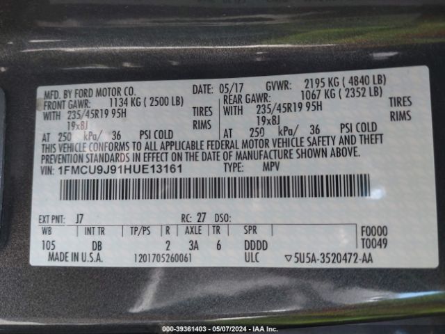 Photo 8 VIN: 1FMCU9J91HUE13161 - FORD ESCAPE 