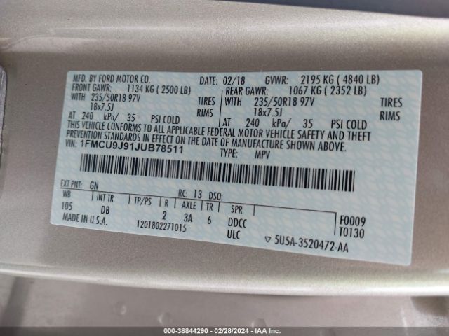 Photo 8 VIN: 1FMCU9J91JUB78511 - FORD ESCAPE 