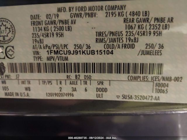 Photo 8 VIN: 1FMCU9J91KUB15104 - FORD ESCAPE 