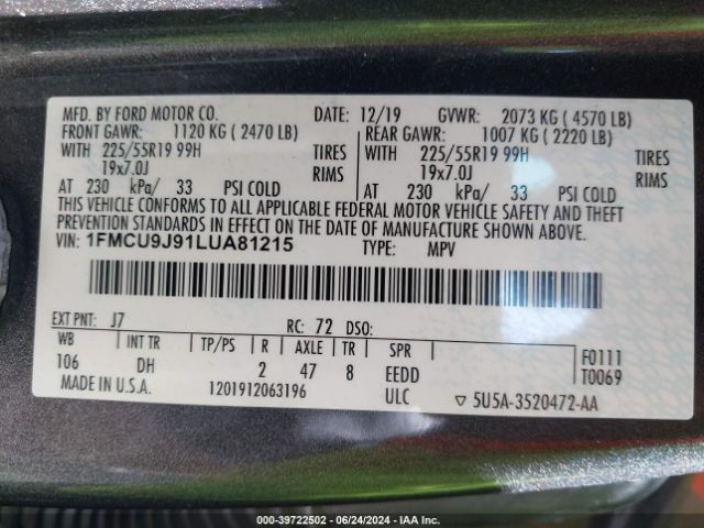 Photo 8 VIN: 1FMCU9J91LUA81215 - FORD ESCAPE 