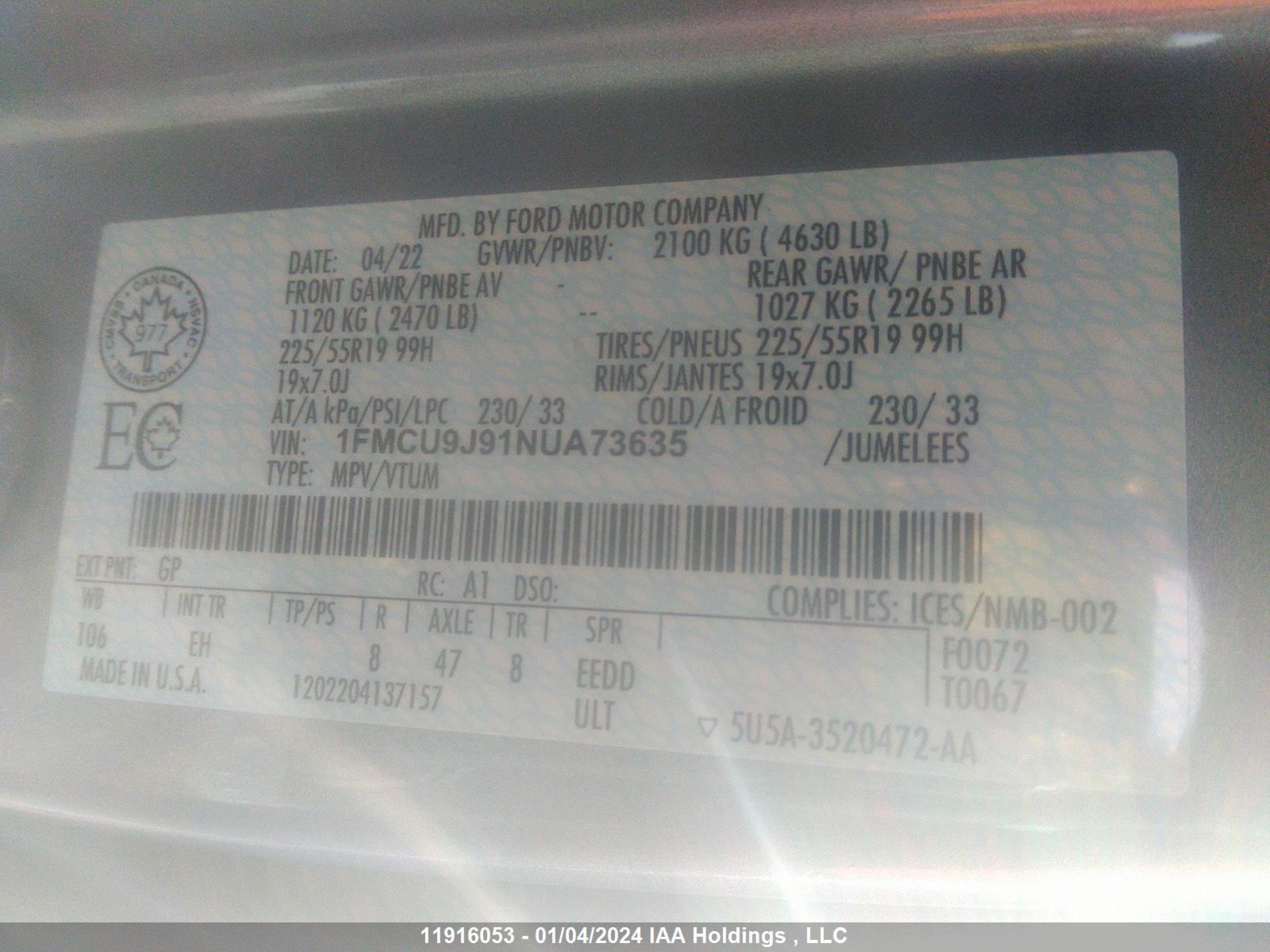 Photo 8 VIN: 1FMCU9J91NUA73635 - FORD ESCAPE 