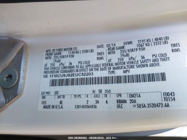 Photo 8 VIN: 1FMCU9J92EUC52203 - FORD ESCAPE 