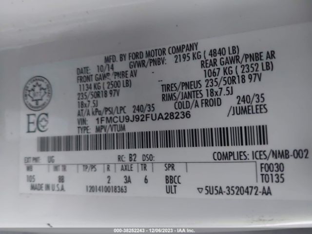 Photo 8 VIN: 1FMCU9J92FUA28236 - FORD ESCAPE 