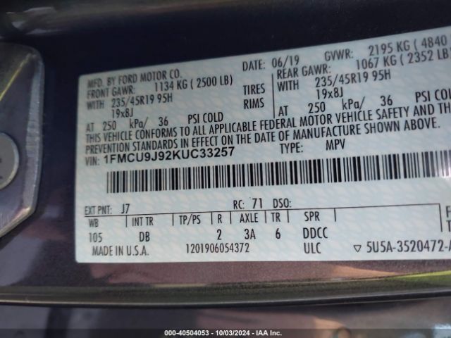 Photo 8 VIN: 1FMCU9J92KUC33257 - FORD ESCAPE 