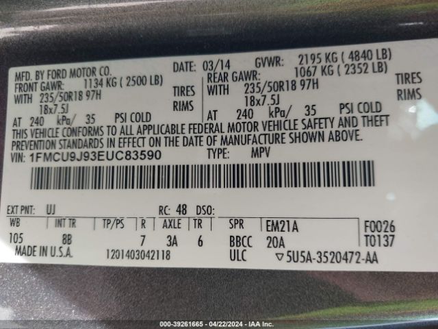 Photo 8 VIN: 1FMCU9J93EUC83590 - FORD ESCAPE 