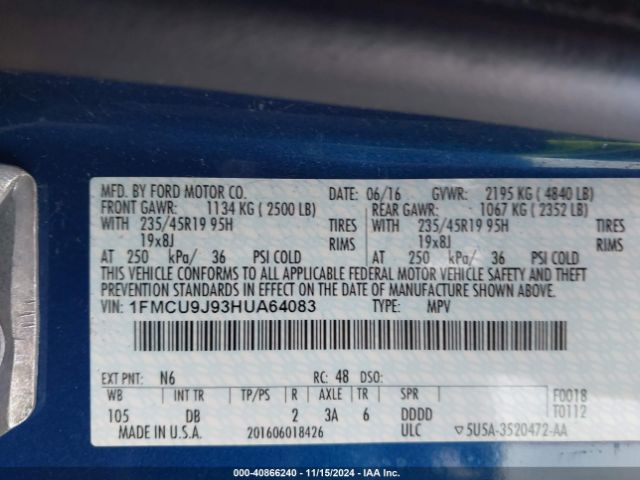 Photo 8 VIN: 1FMCU9J93HUA64083 - FORD ESCAPE 