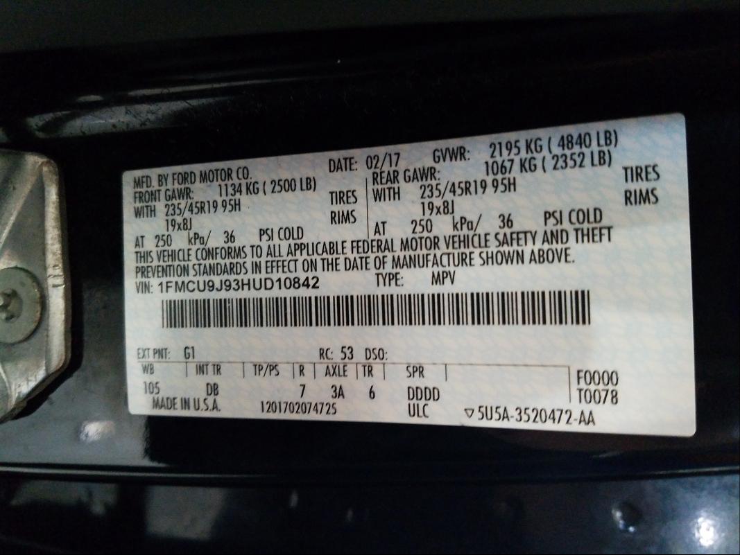 Photo 9 VIN: 1FMCU9J93HUD10842 - FORD ESCAPE TIT 