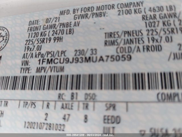 Photo 8 VIN: 1FMCU9J93MUA75059 - FORD ESCAPE 