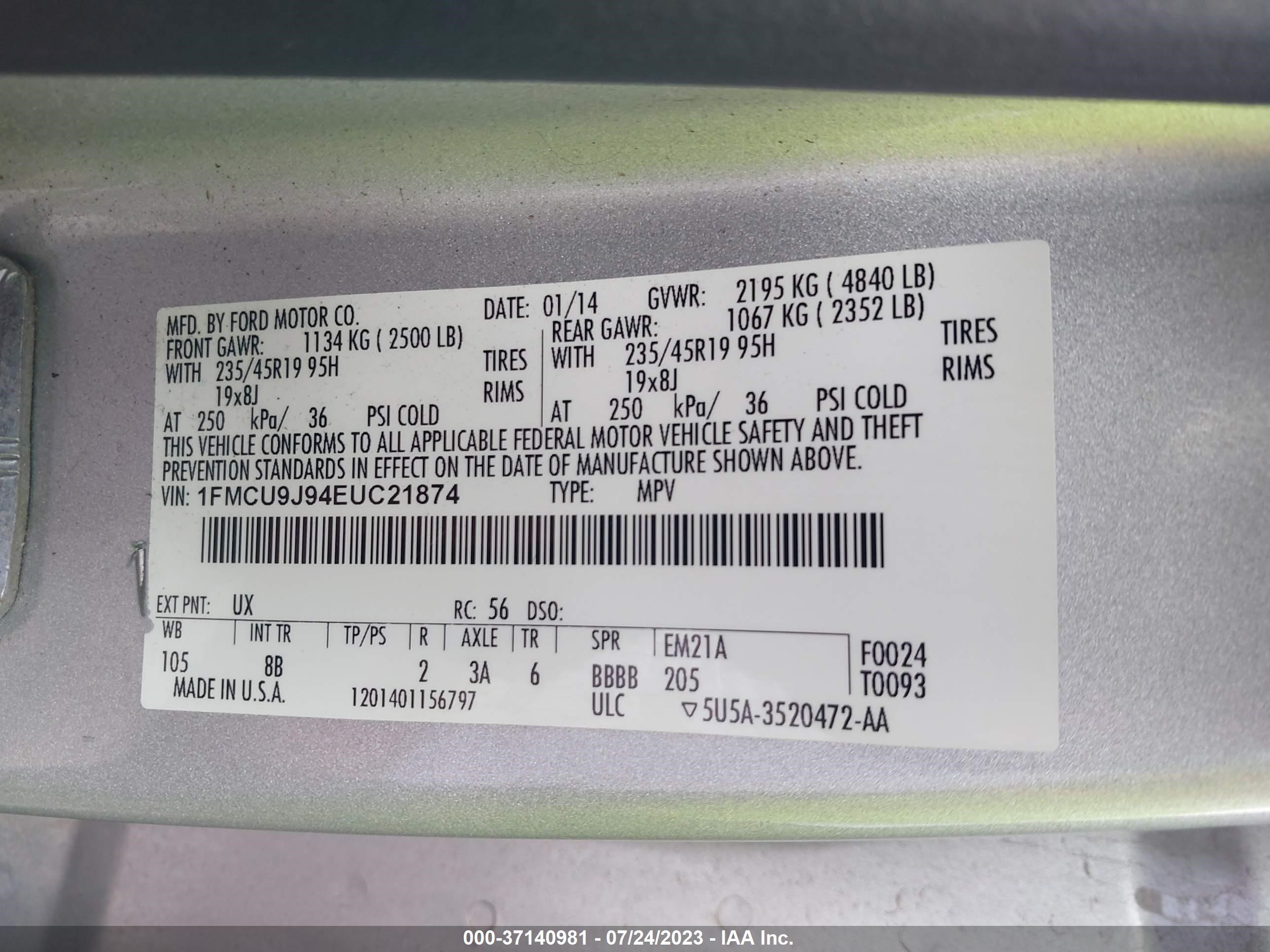 Photo 8 VIN: 1FMCU9J94EUC21874 - FORD ESCAPE 