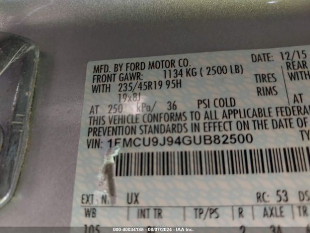 Photo 8 VIN: 1FMCU9J94GUB82500 - FORD ESCAPE 