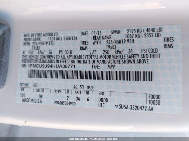 Photo 8 VIN: 1FMCU9J94HUA38771 - FORD ESCAPE 